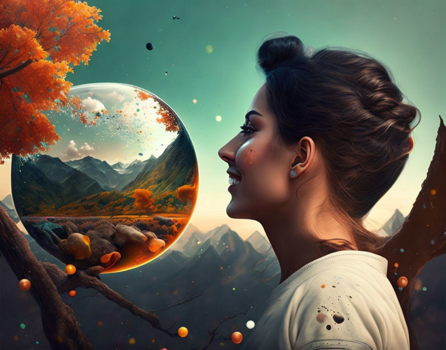 Digital artwork: Woman viewing spherical landscape with vivid autumn scenery