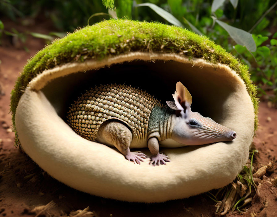 Armadillo curled up in moss-covered shell amidst greenery