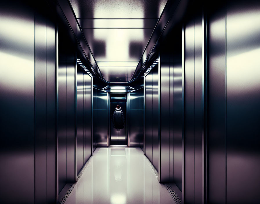 Reflective Metal Walls in Futuristic Corridor with Figure and Bright Light