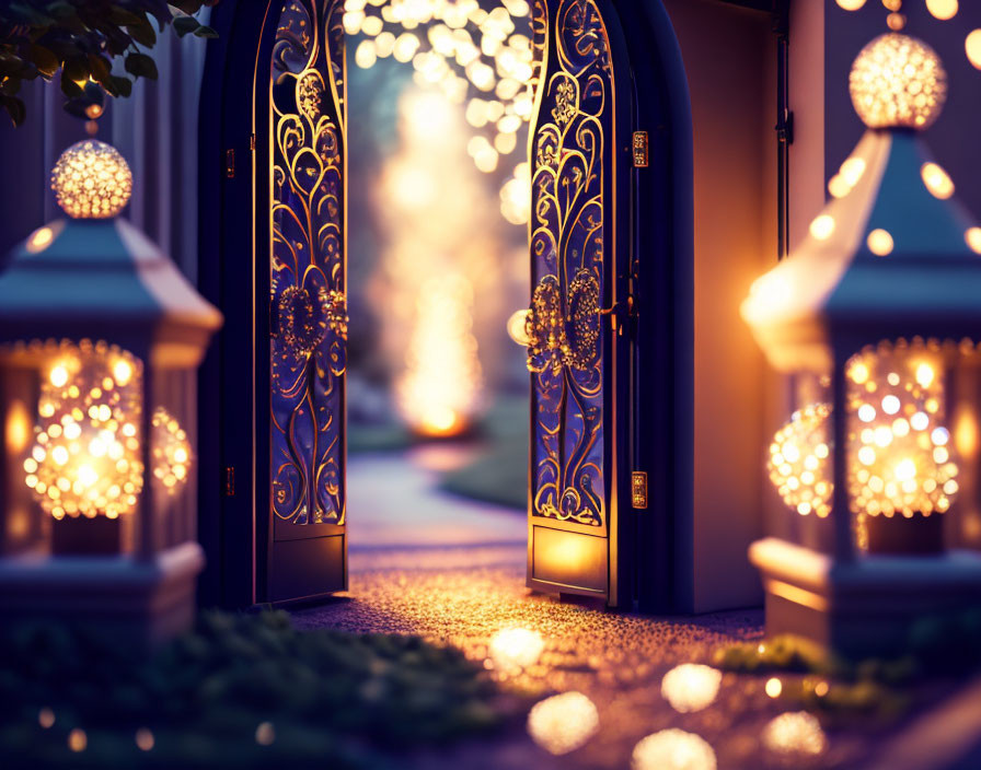 Enchanting Nighttime Garden Pathway with Ornate Blue Gates and Glowing Spherical Lights