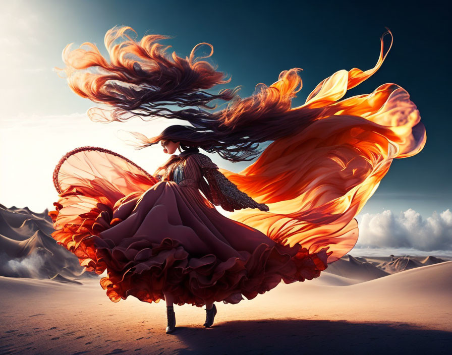 Woman in fiery gown dances in sand dunes under blue sky