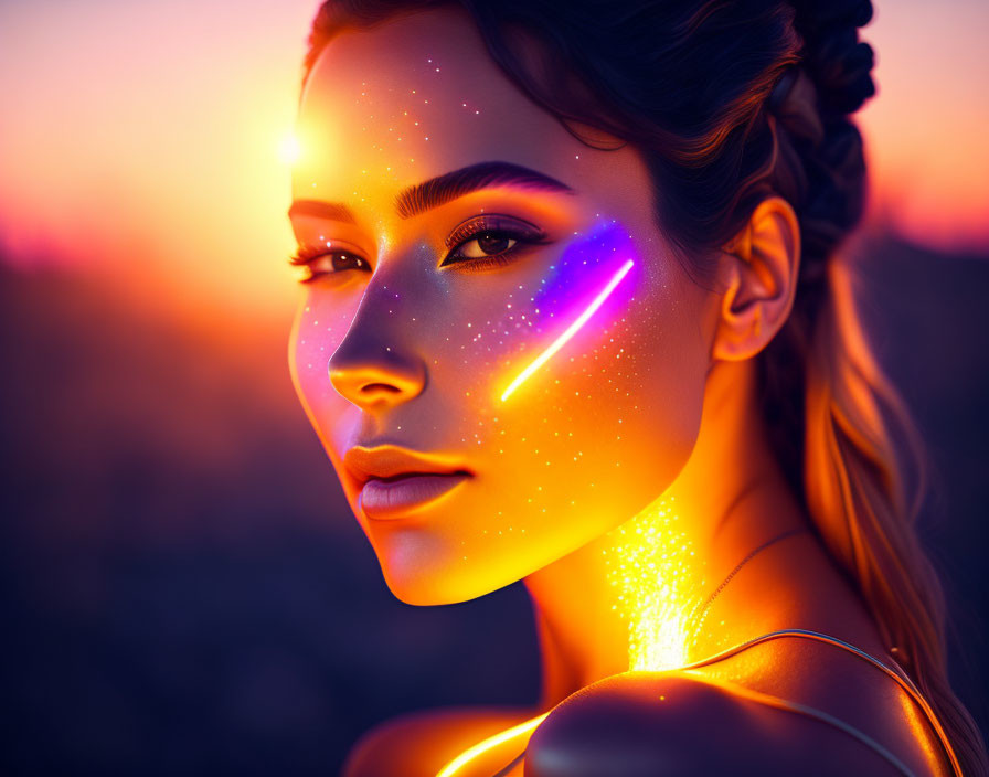 Glowing cosmic makeup on woman with braided hair in twilight setting