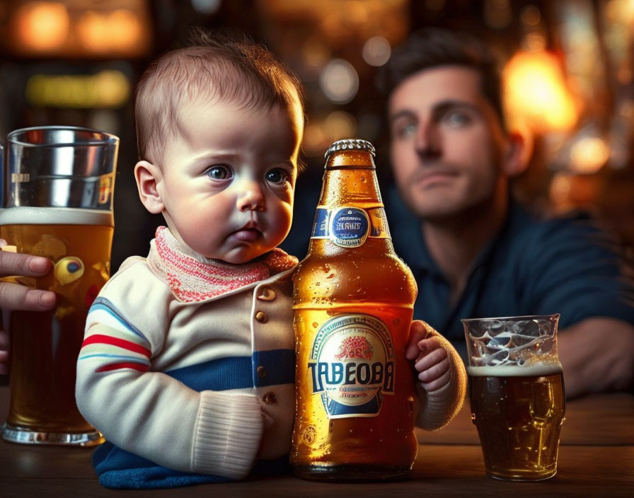 Baby holding beer bottle at bar table with man and pints in background