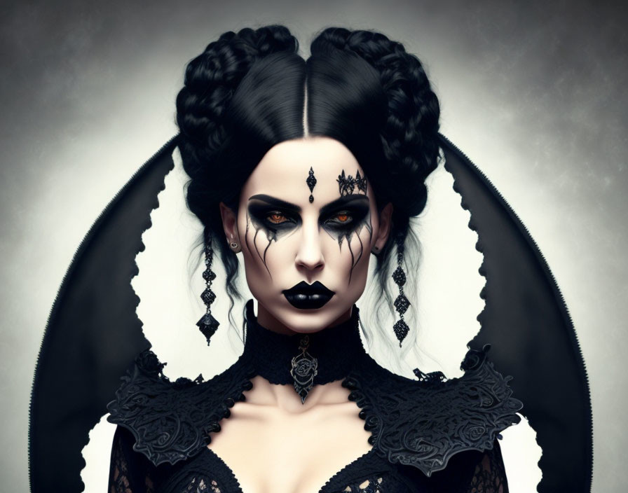 Woman with gothic makeup, braided hair, and lace dress