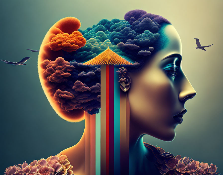 Surreal woman profile with colorful brain-like canopy and tree trunk neck against teal backdrop