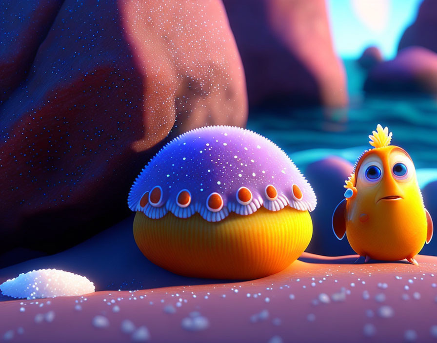 Colorful animated underwater scene: orange fish and sea anemone in sunlit ocean.