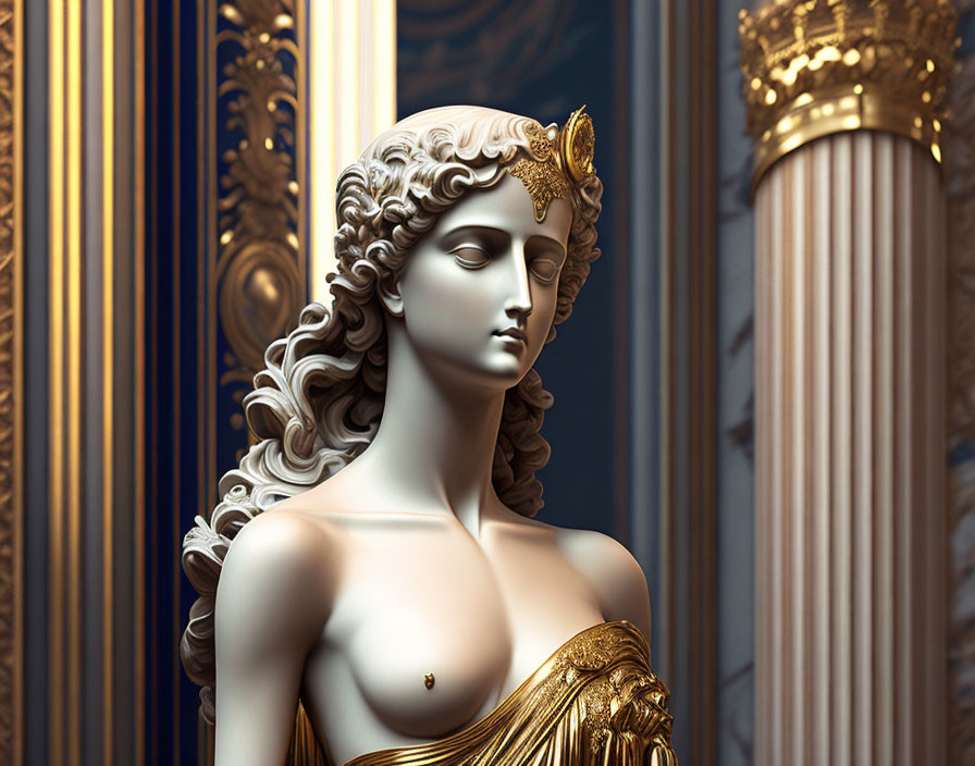 Classical woman sculpture with detailed curly hair and golden diadem against ornate pillars