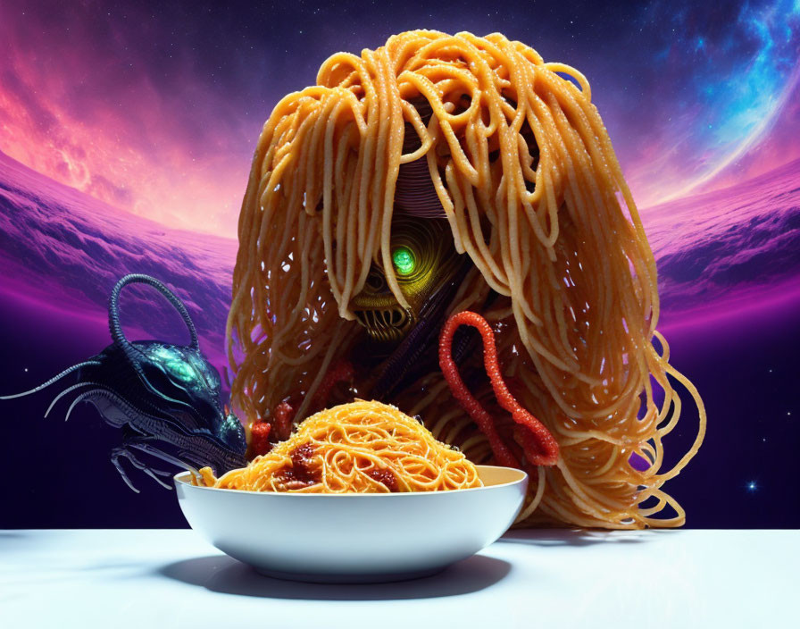 Surreal spaghetti monster with glowing eyes in cosmic setting