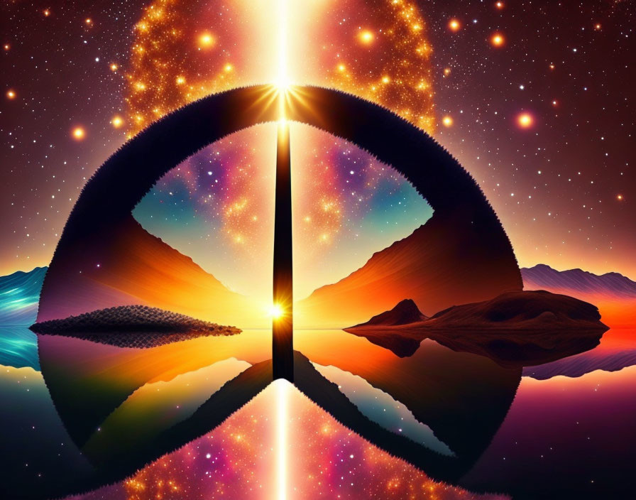 Surreal cosmic landscape with circular reflective portal and star-filled sky