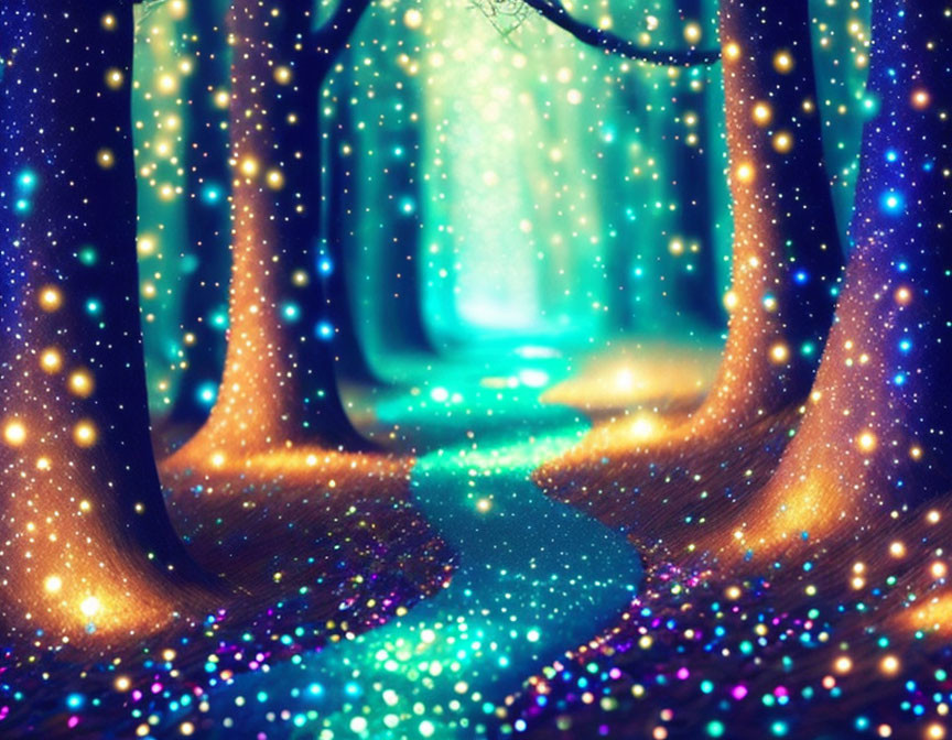 Mystical Enchanted Forest with Winding Path and Twinkling Lights