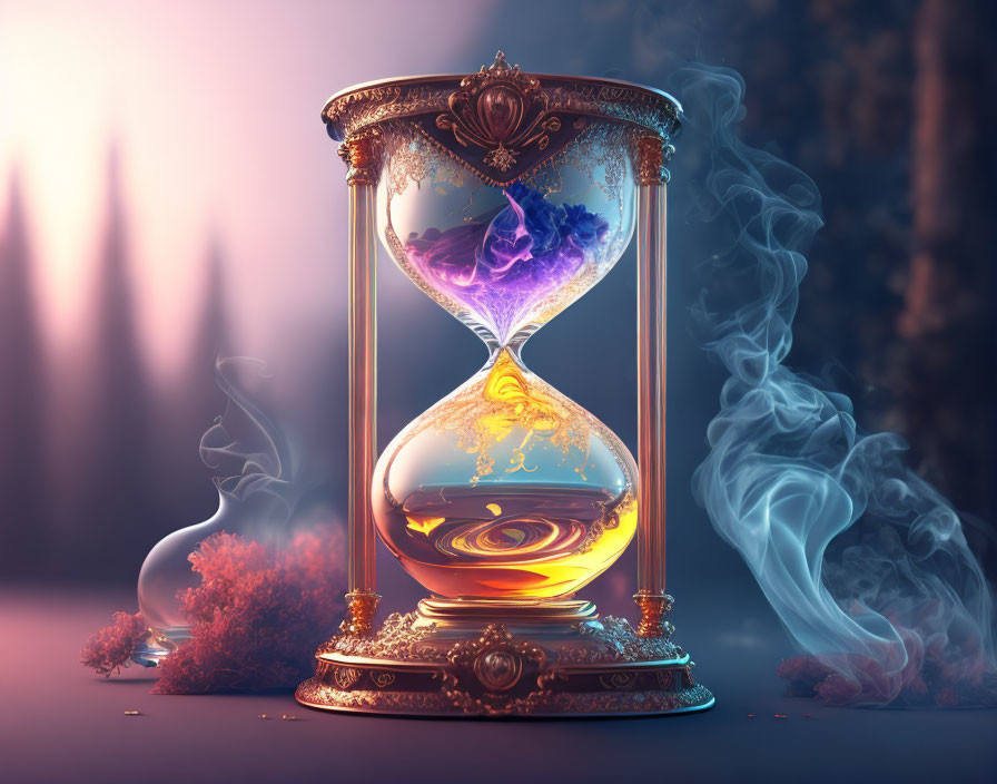 Ornate hourglass with blue and purple smoke and golden liquid in mystical forest.