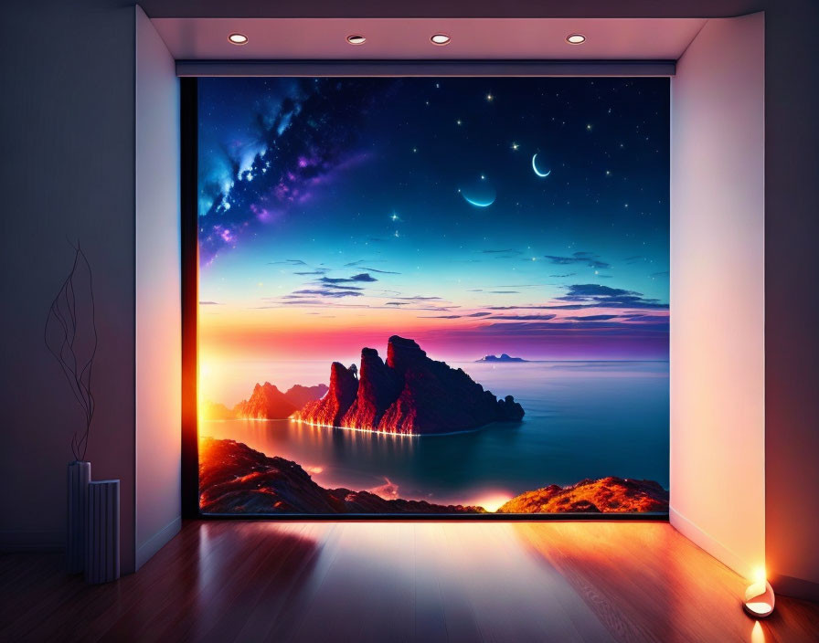 Room with Large Window Sunset Ocean View & Starry Sky