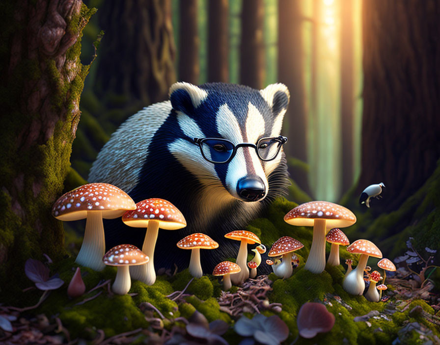 Anthropomorphized badger in enchanted forest with red-capped mushrooms