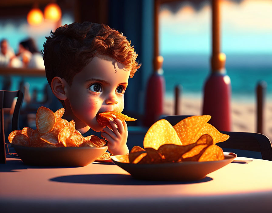 Child Eating Chips at Beachside Cafe During Sunset with Ketchup Bottles
