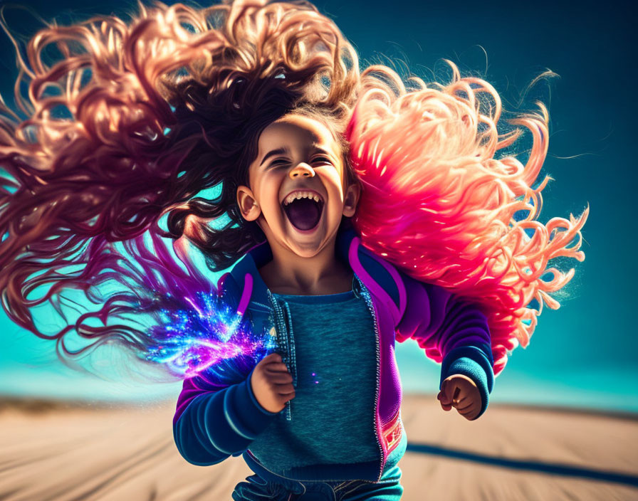 Child with Long Flowing Hair Jumping on Sandy Ground under Clear Blue Sky