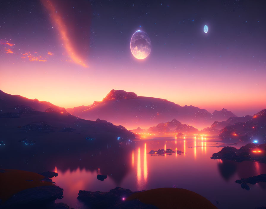 Tranquil landscape: glowing lake, rolling hills, two moons, comet, soft purple and orange