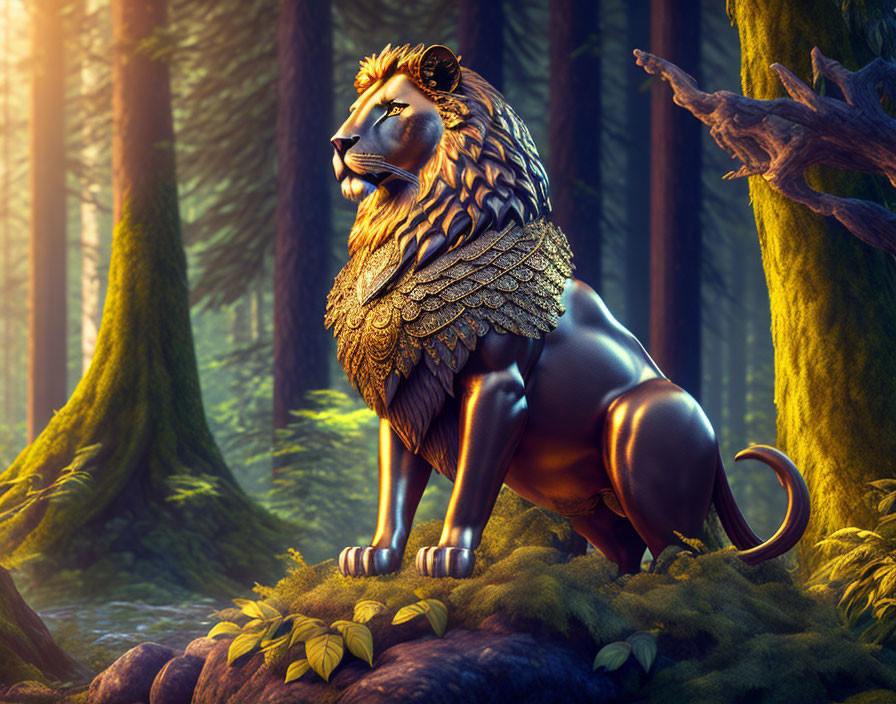 Golden-maned lion in ornate armor on forest hillock under sunlight