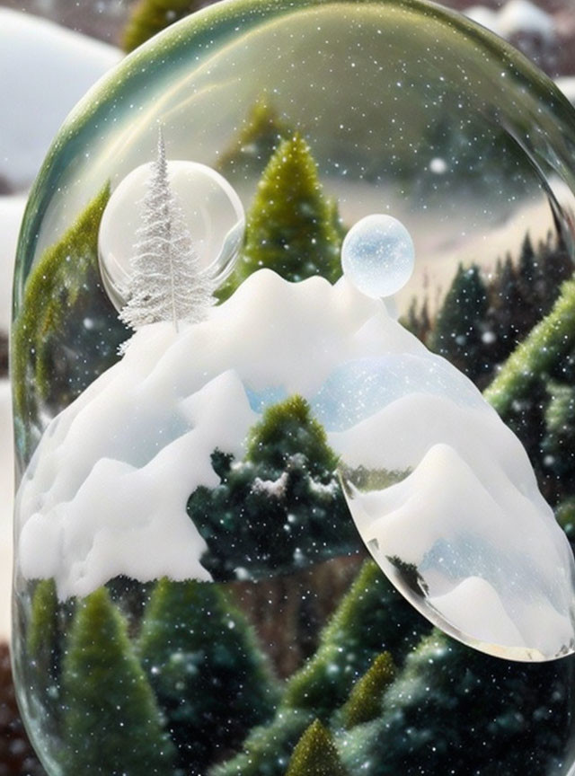 Snowy Evergreen Forest Encased in Bubble Scene