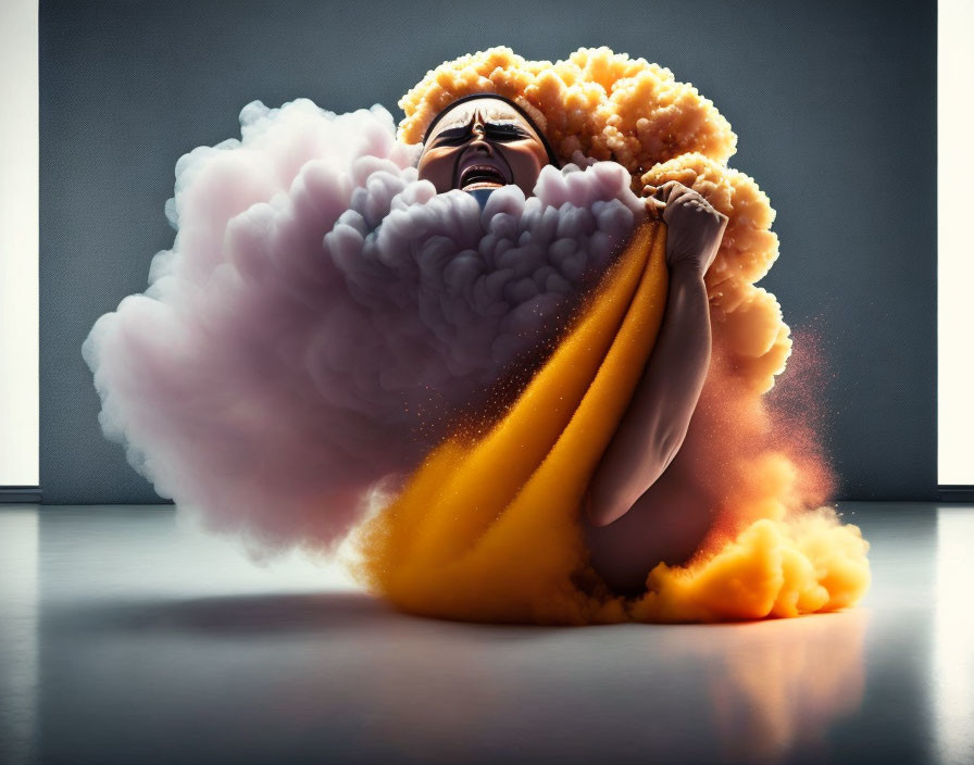 Person in dramatic orange and white smoke explosion with powerful pose