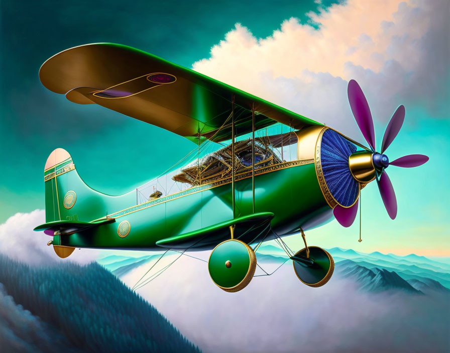 Colorful Retro Biplane Flying Over Misty Hills