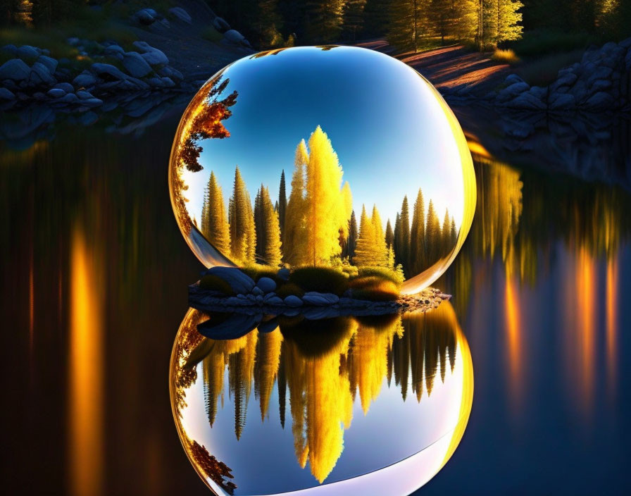 Crystal Ball Reflects Sunlit Forest Scene in Dark Lakeside Dusk