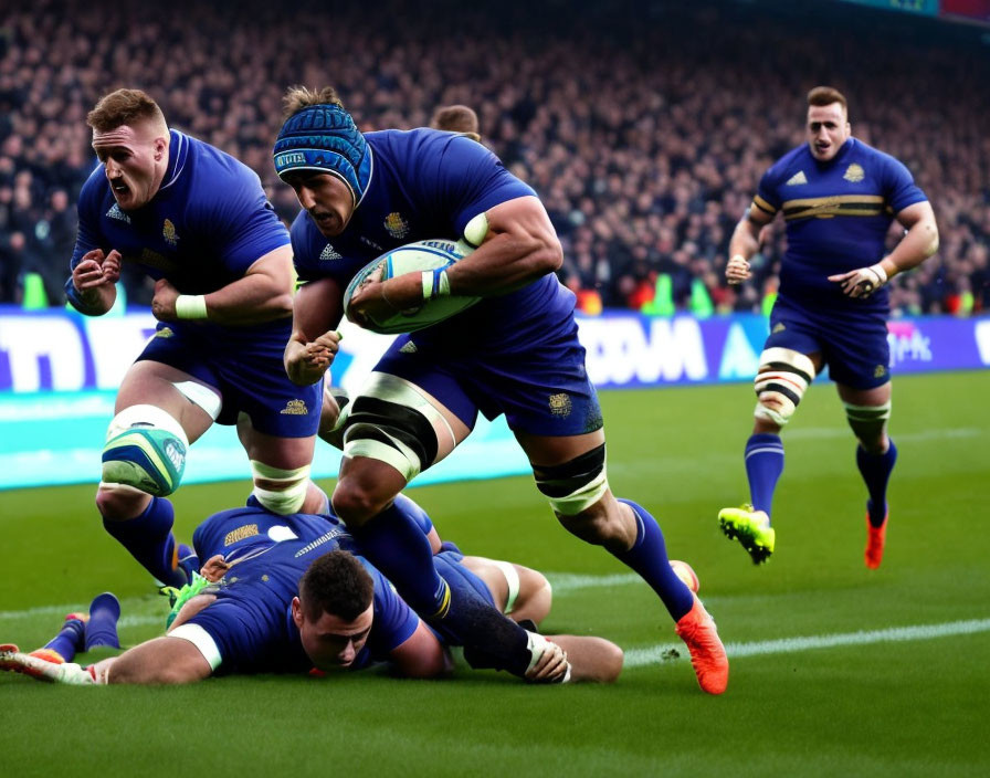 Blue uniform rugby players advancing with ball; one player tackles opponent.