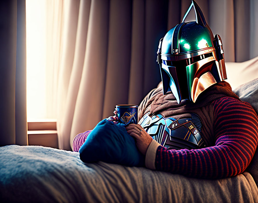 Cozy scene with person in Mandalorian helmet holding cup