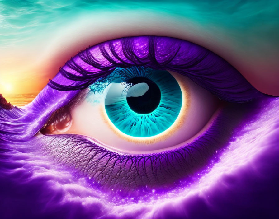 Close-up of human eye with blue iris and purple eyelashes against sunset sky and ocean backdrop