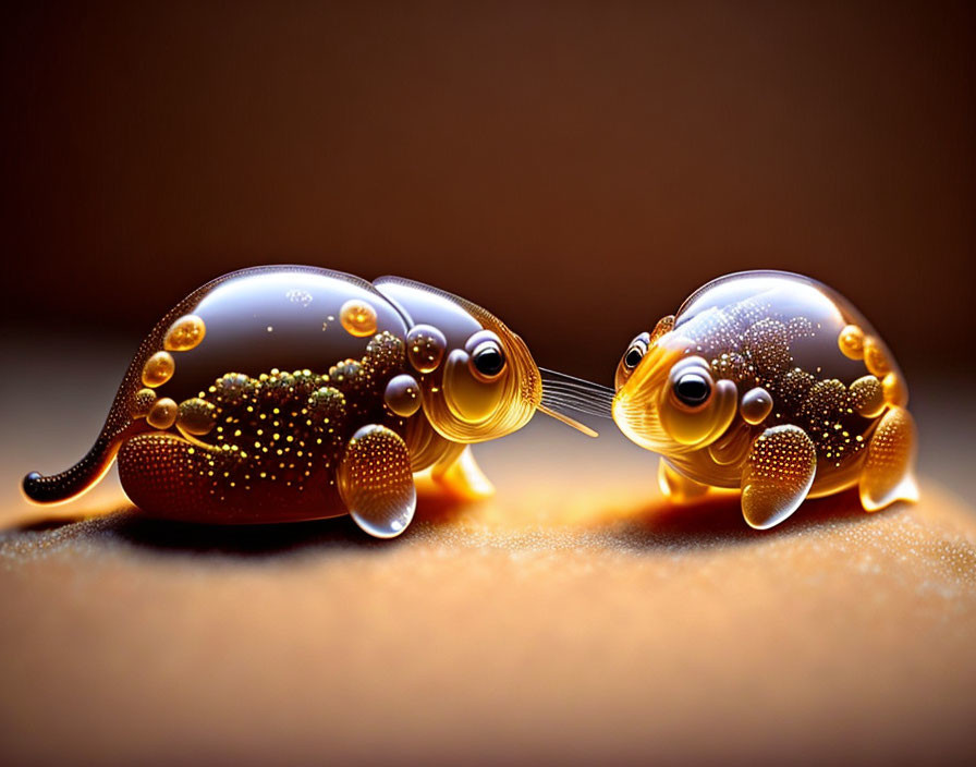 Golden stylized fish touching noses on brown background