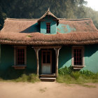 Thatched-Roof Cottage with Teal Accents and Wooden Doors in Green Setting