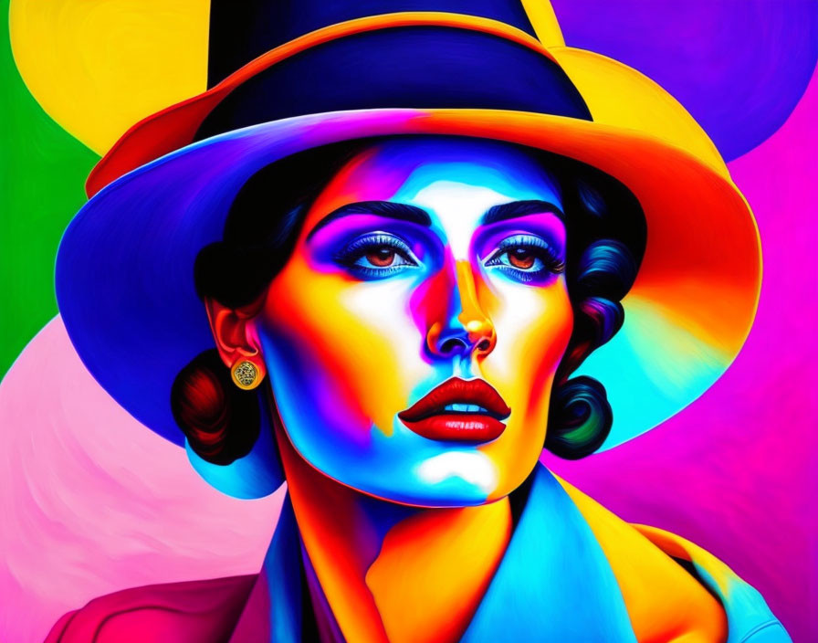 Colorful digital painting of a woman with vibrant face and hat on neon background