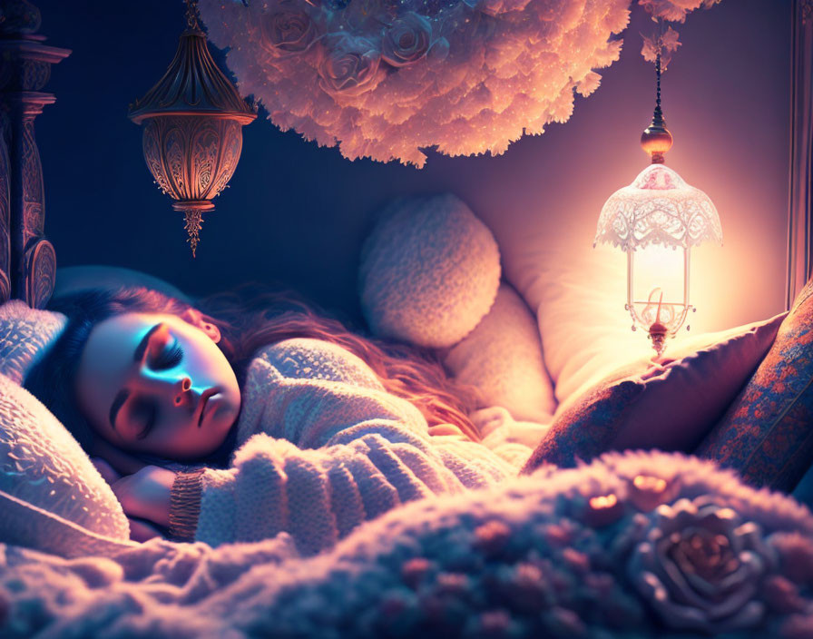 Young woman sleeping in cozy bed with warm lighting and plush pillows