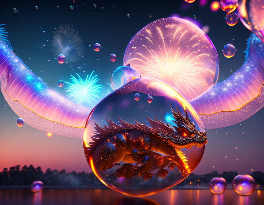 Fantastical dragon in transparent orb with bubbles and iridescent wings in twilight sky.