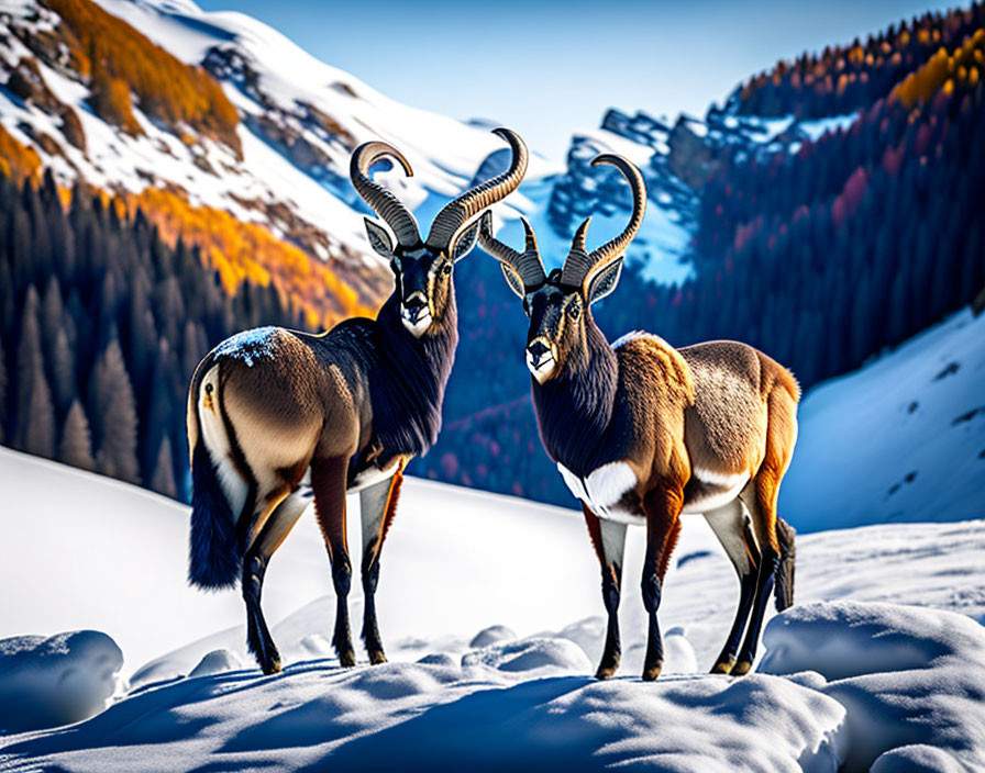 Two long-horned mountain goats in snowy landscape with forest and mountains against blue sky