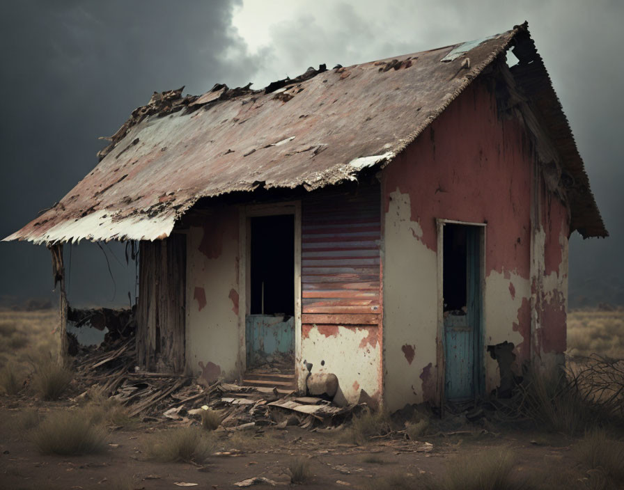 Dilapidated red house with rusty roof in stormy landscape