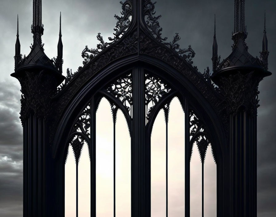 Intricate Gothic-style architectural arch under moody sky