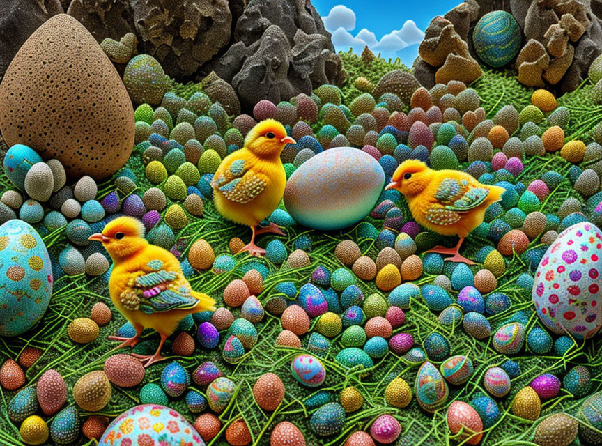 Vibrant Easter Eggs with Toy Chicks in Surreal Landscape