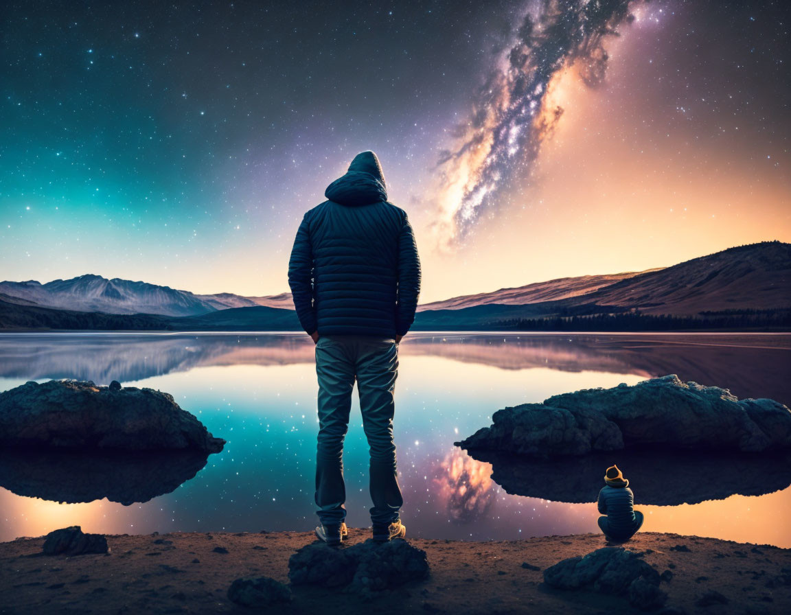 Person in winter jacket gazes at starry sky over lakeshore.