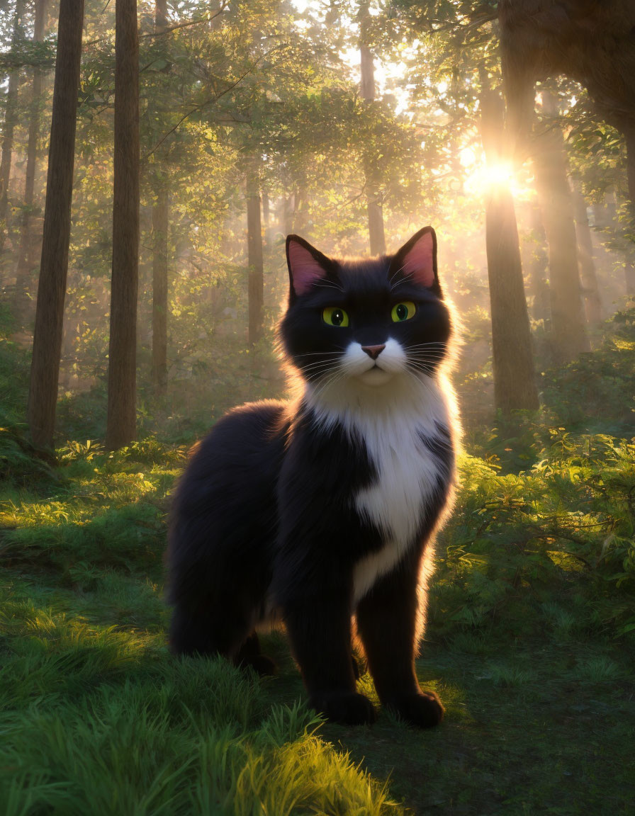 Black and white fluffy cat in sunlit forest with filtering light rays