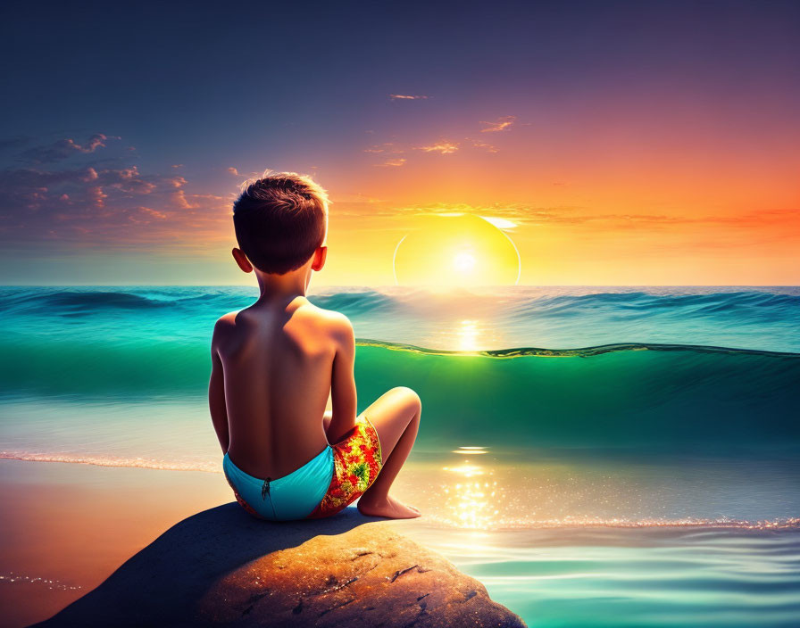 Child watching sunset over colorful ocean horizon