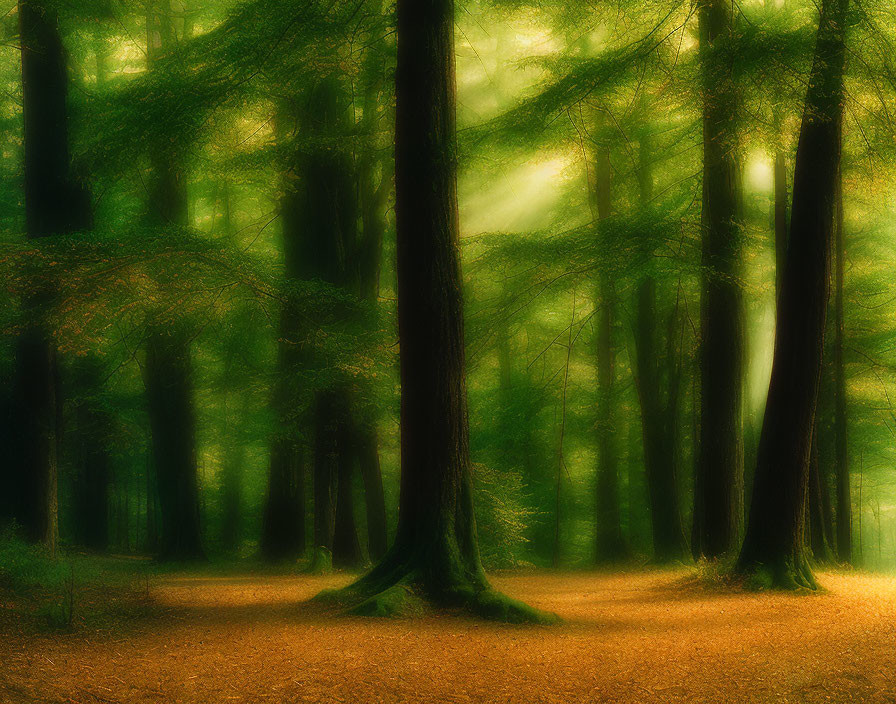 Ethereal forest scene with sunlight filtering through canopy