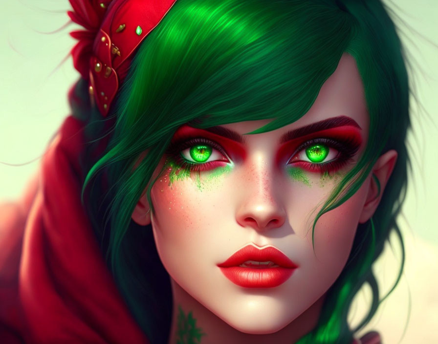 Vibrant green-haired woman with striking eyes and festive makeup