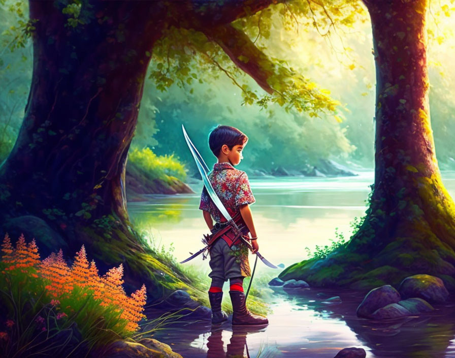 Young boy with sword by river in sunlit forest surrounded by trees and flowers