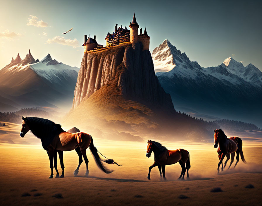 Majestic castle on steep cliff with galloping horses in mountain landscape