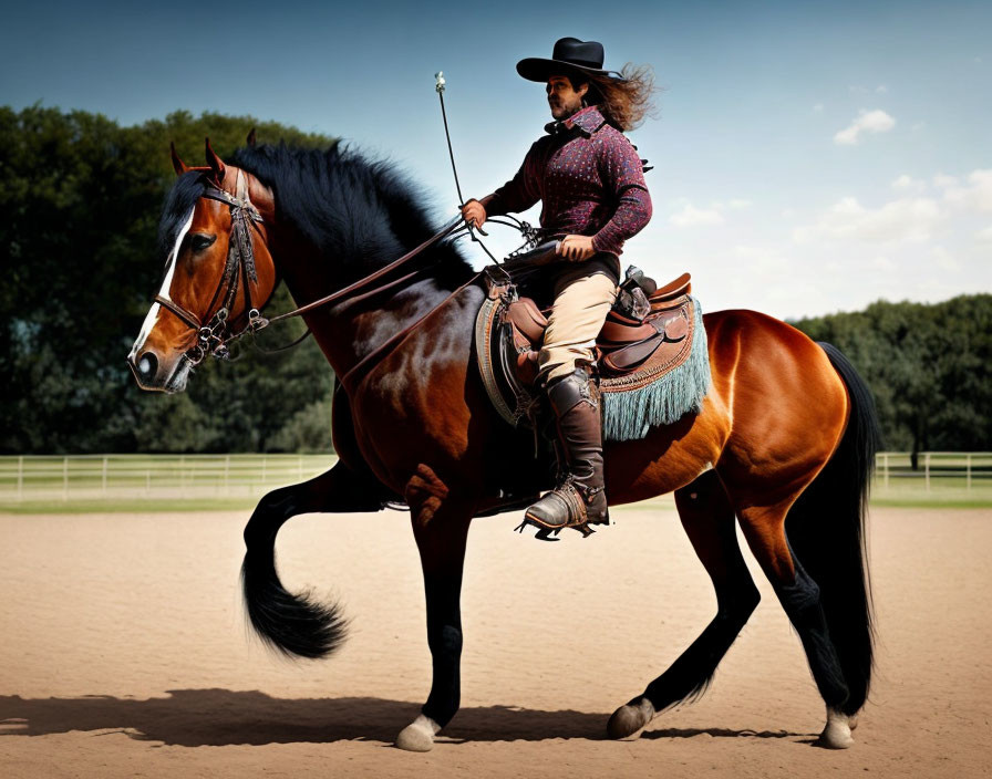 Traditional Rider on Brown Horse with Trees and Blue Sky