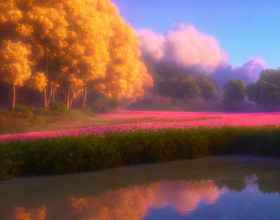 Tranquil landscape with golden trees, pink flowers, and misty river