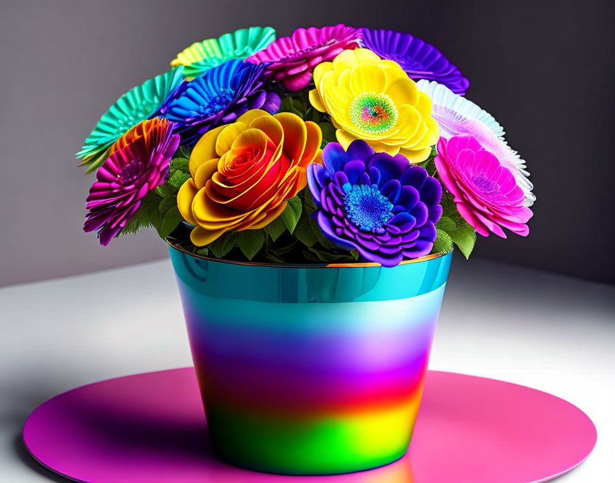 Colorful Stylized Flowers in Rainbow Pot on Gradient Surface