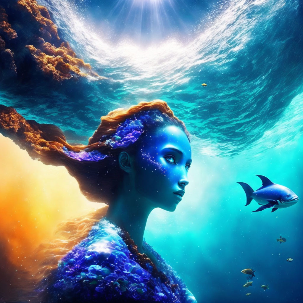 Fantastical image blending woman's profile with cosmic and underwater elements