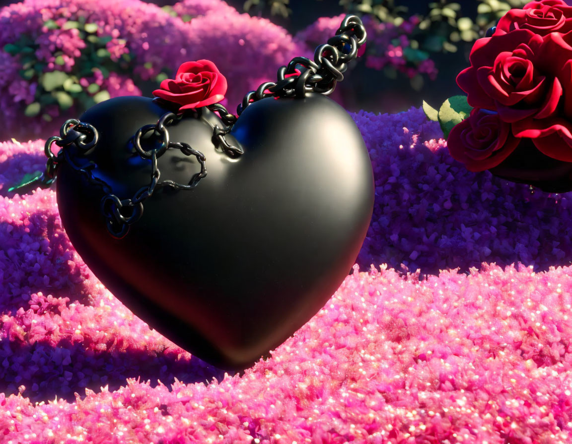 Black heart with chains, red rose, pink flowers under soft light