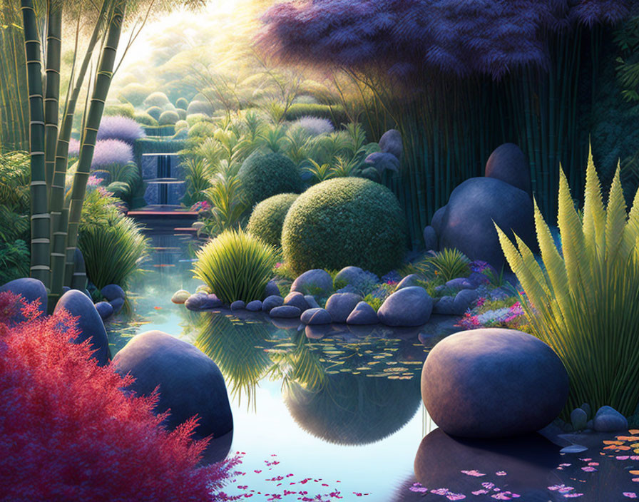 Tranquil garden with bamboo, pond, and colorful plants at dusk or dawn